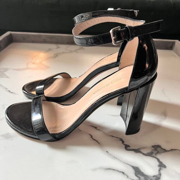Stuart Weitzman Walkway Black Patent Leather Block Heels Sandals Size 7.5 - Picture 6 of 12